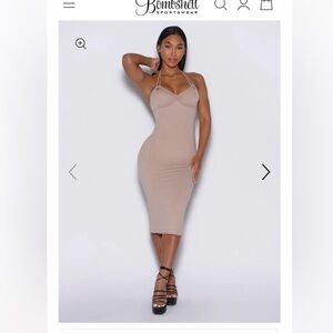 Bombshell Sportswear Nude Halter Bodycon Midi Dress